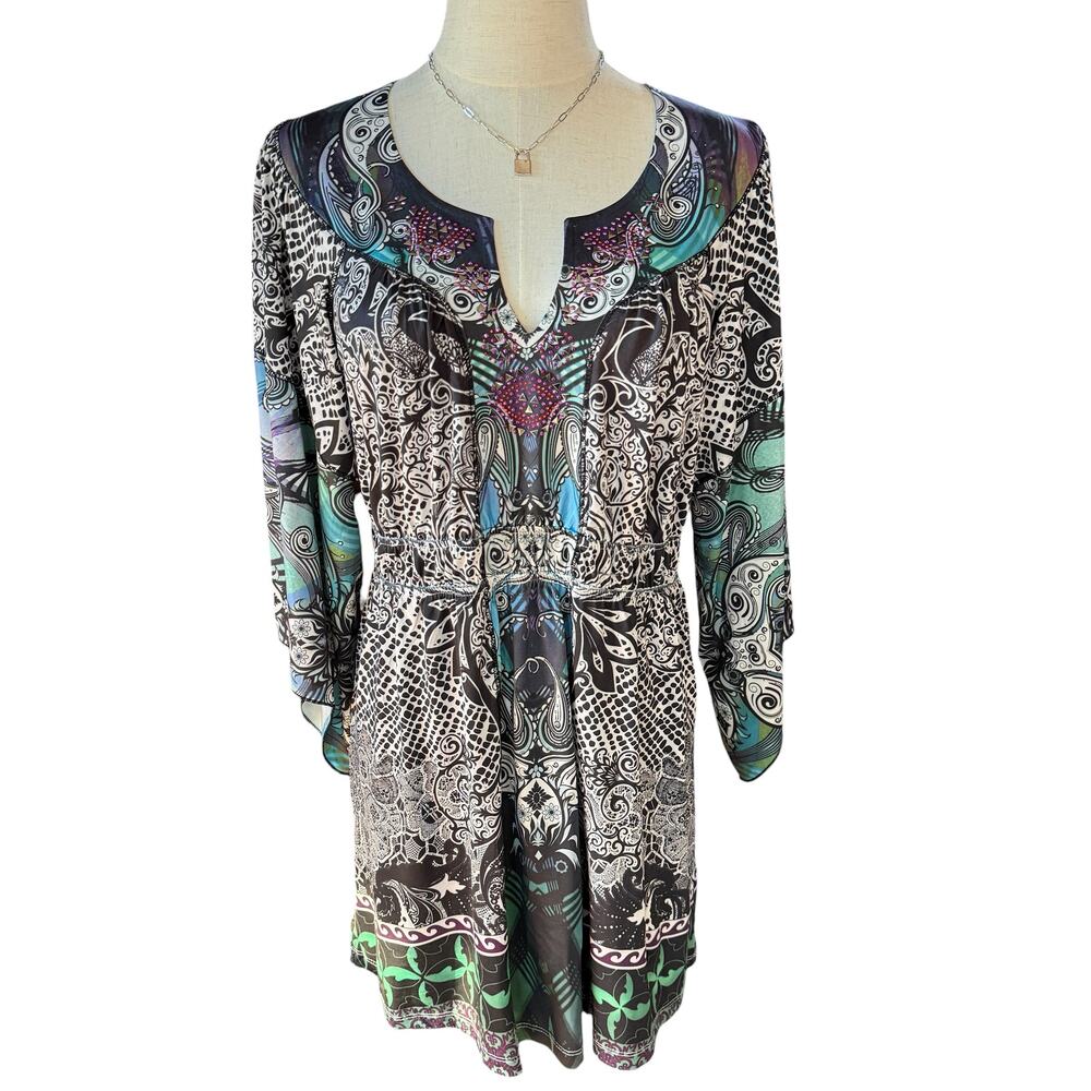 One World Fairy Y2K Style Dress Bell Sleeve Rhinestone Stud Boho Festival L